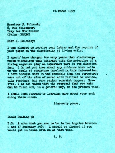 Letter from Linus Pauling to J. Polonsky Page 1. March 24, 1959