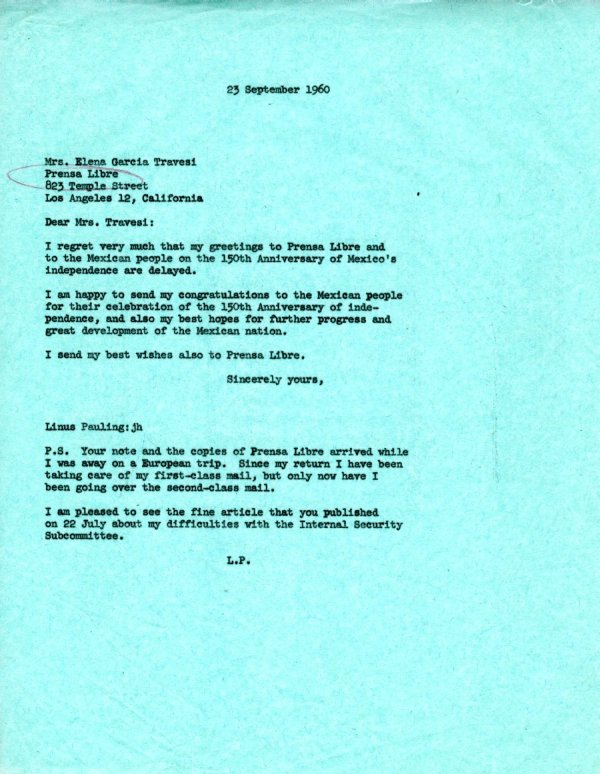 Letter from Linus Pauling to Elena Garcia Travesi. Page 1. September 23, 1960
