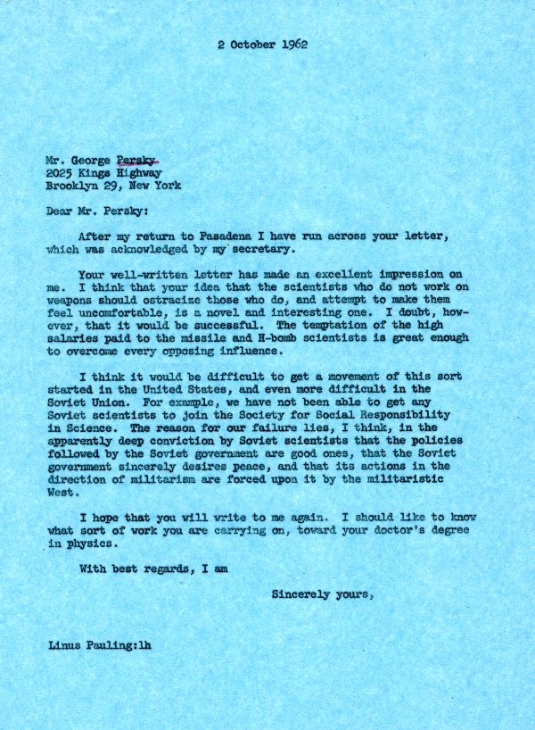 Letter from Linus Pauling to George Persky. Page 1. October 2, 1962