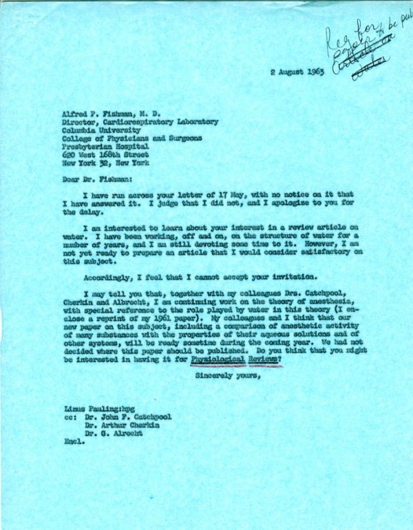 Letter from Linus Pauling to Alfred Fishman. Page 1. August 2, 1963