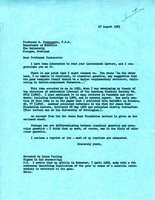 Letter from Linus Pauling to G. Pontecorvo. Page 1. August 27, 1963