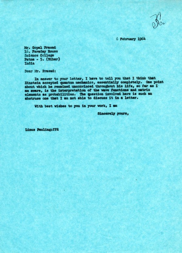 Letter from Linus Pauling to Gopel Prasad. Page 1. February 6, 1964