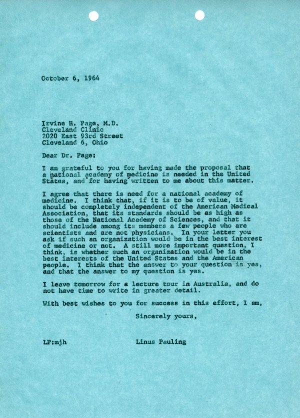 Letter from Linus Pauling to Irvine Page. Page 1. October 6, 1965