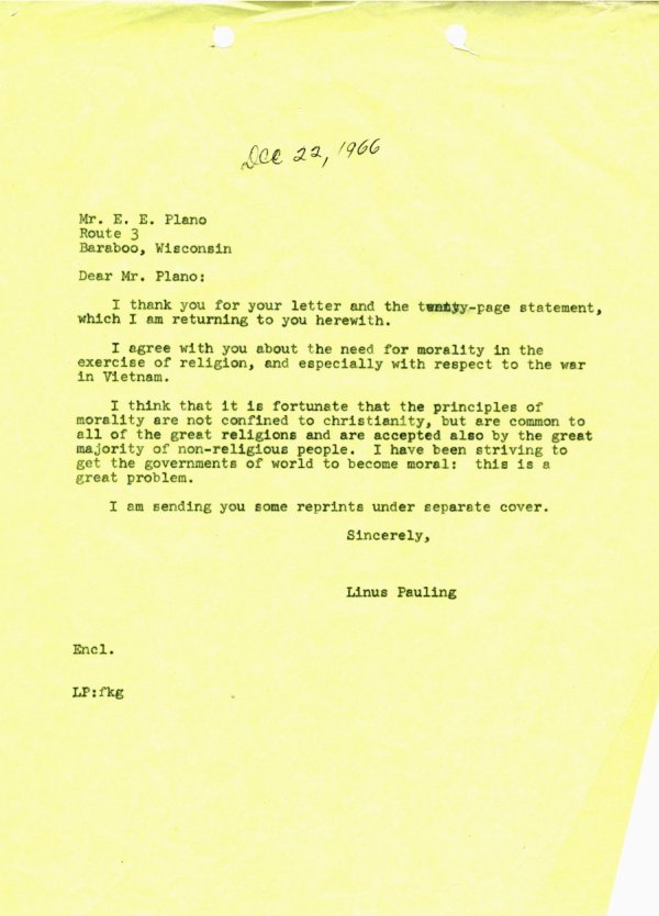 Letter from Linus Pauling to E. E. Plano. Page 1. December 22, 1966