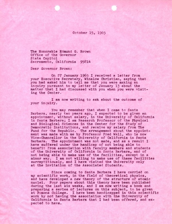 Letter from Linus Pauling to Edmund G. Brown. Page 1. October 15, 1965