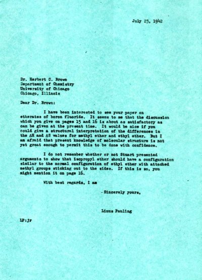 Letter from Linus Pauling to Herbert C. Brown. Page 1. July 23, 1942