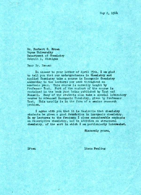 Letter from Linus Pauling to Herbert C. Brown. Page 1. May 2, 1944