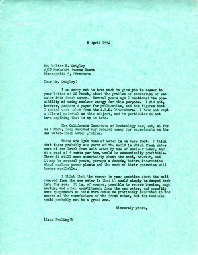 Letter from Linus Pauling to Walter E. Quigley. Page 1. April 8, 1954