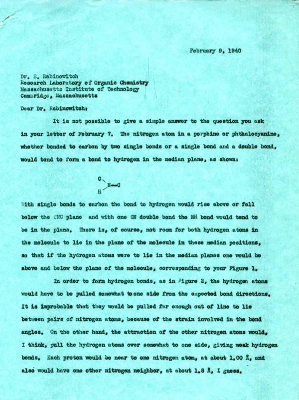 Letter from Linus Pauling to Eugene Rabinowitch. Page 1. February 9, 1940