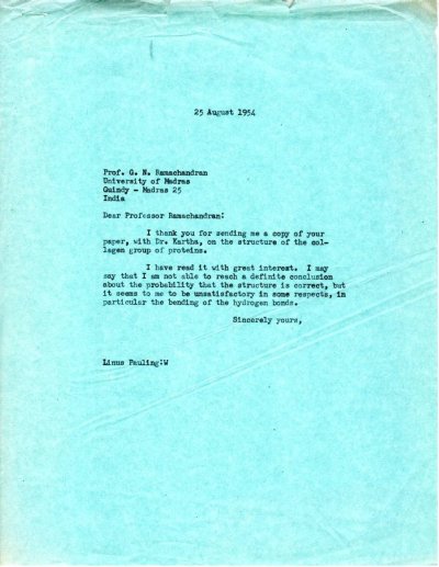 Letter from Linus Pauling to G.N. Ramachandran. Page 1. August 25, 1954