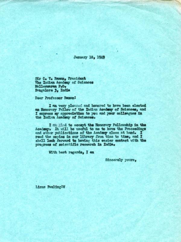 Letter from Linus Pauling to C.V. Raman. Page 1. January 18, 1949