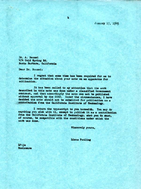 Letter from Linus Pauling to Andrew Recsei. Page 1. January 17, 1945