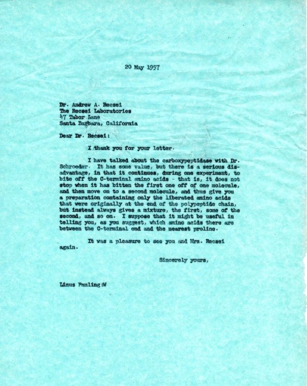 Letter from Linus Pauling to Andrew Recsei. Page 1. May 20, 1957