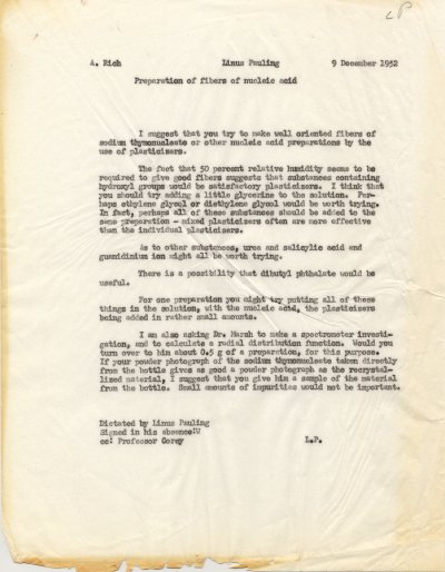 Letter from Linus Pauling to Alexander Rich. Page 1. December 9, 1952