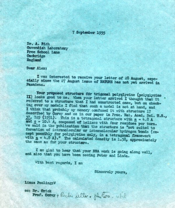 Letter from Linus Pauling to Alexander Rich. Page 1. September 7, 1955