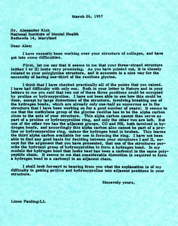 Letter from Linus Pauling to Alexander Rich. Page 1. March 26, 1957