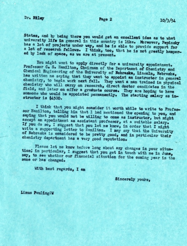 Letter from Linus Pauling to D.P. Riley. Page 2. March 10, 1954