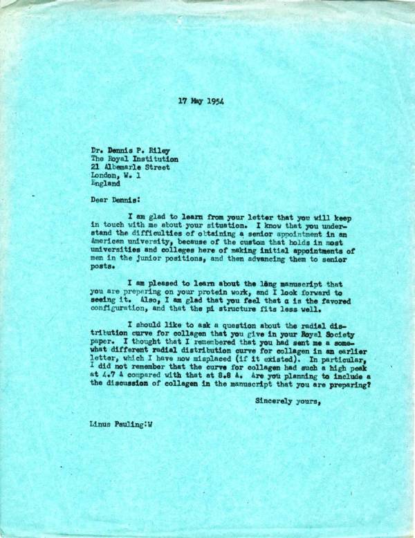 Letter from Linus Pauling to D.P. Riley. Page 1. May 17, 1954