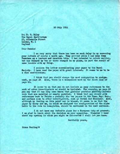 Letter from Linus Pauling to D.P. Riley. Page 1. July 20, 1954