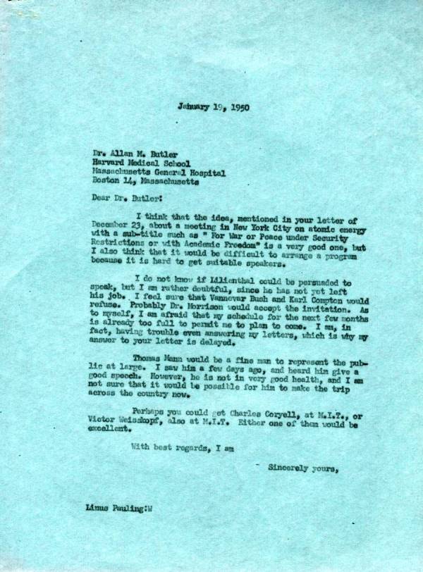 Letter from Linus Pauling to Allan Butler. Page 1. January 19, 1950