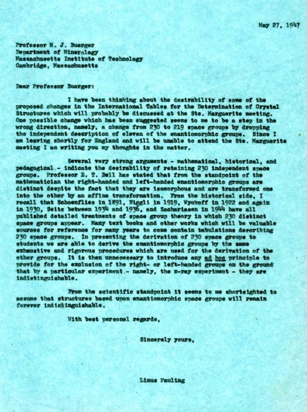 Letter from Linus Pauling to M.J. Buerger. Page 1. May 27, 1947