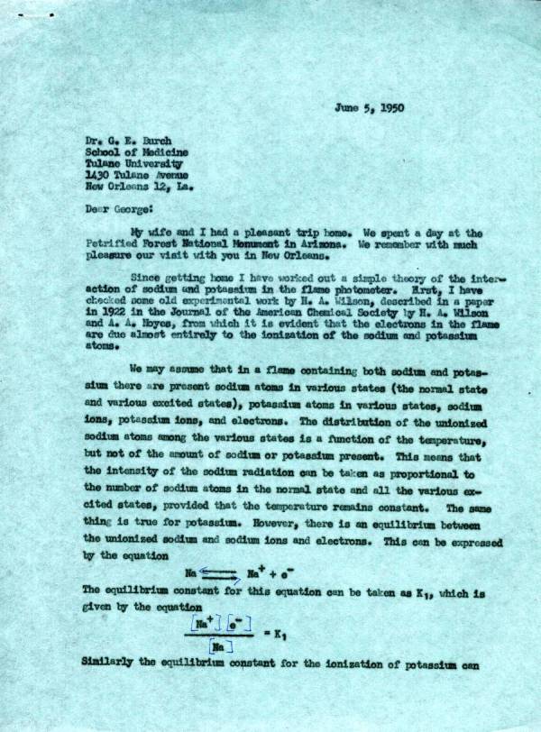 Letter from Linus Pauling to George Burch. Page 1. June 5, 1950