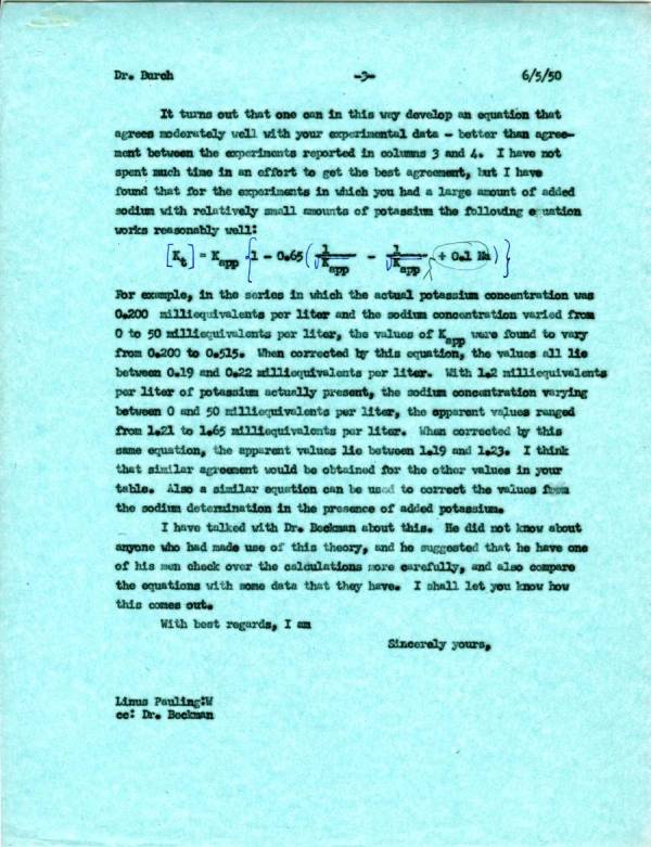Letter from Linus Pauling to George Burch. Page 3. June 5, 1950