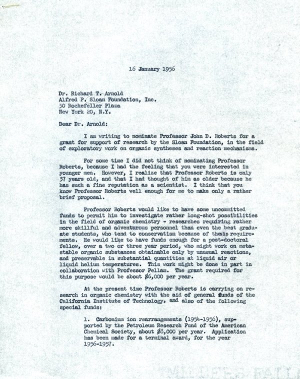 Letter from Linus Pauling to Richard T. Arnold. Page 1. January 16, 1956