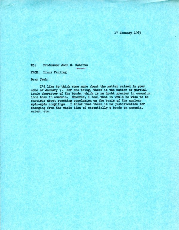 Memo from Linus Pauling to John D. Roberts. Page 1. January 17, 1963