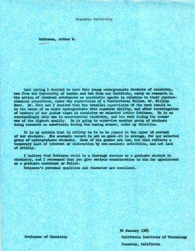 Memo from Linus Pauling re: Arthur B. Robinson. Page 1. January 30, 1963