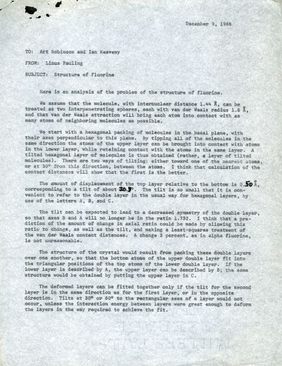 Memorandum from Linus Pauling to Art Robinson and Ian Keaveny. Page 1. December 9, 1968