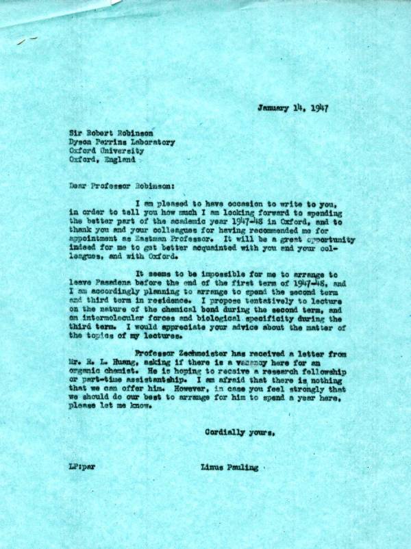 Letter from Linus Pauling to Robert Robinson. Page 1. January 14, 1947