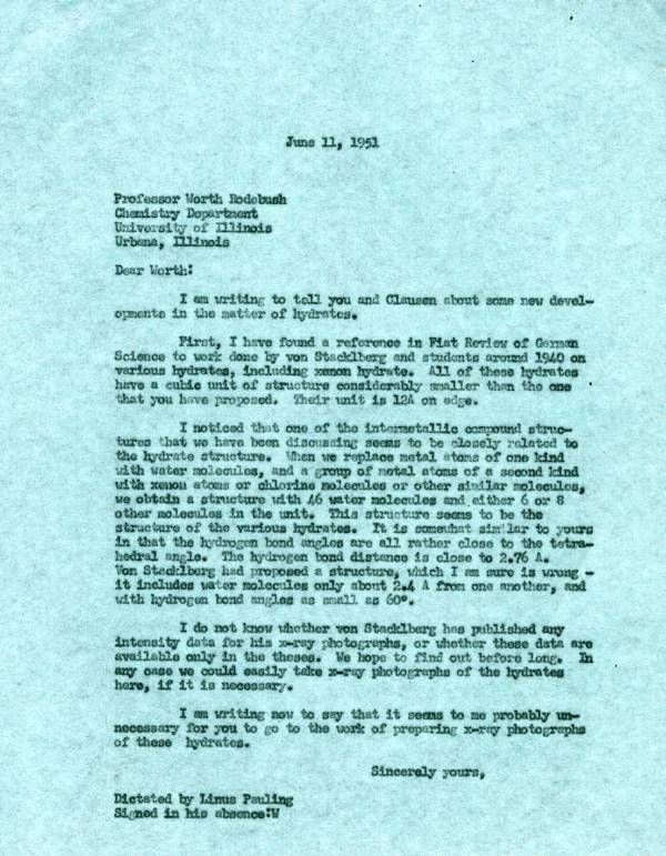 Letter from Linus Pauling to Worth Rodebush. Page 1. June 11, 1951