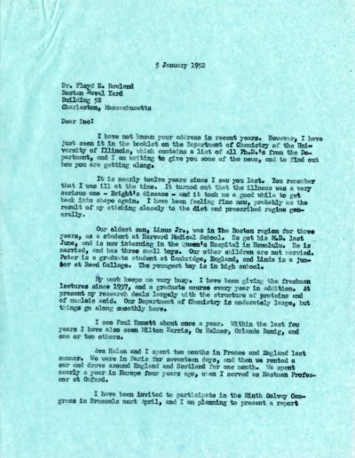Letter from Linus Pauling to Floyd E. Rowland. Page 1. January 5, 1952