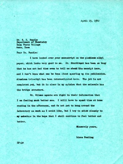 Letter from Linus Pauling to R.E. Rundle. Page 1. April 15, 1942