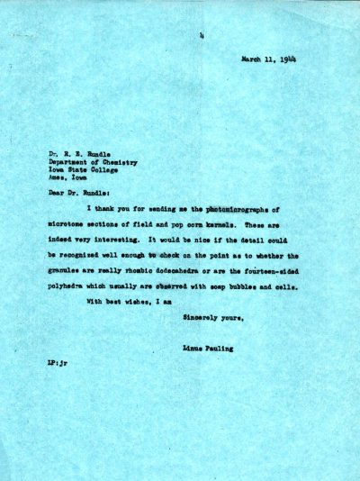 Letter from Linus Pauling to R.E. Rundle. Page 1. March 11, 1944