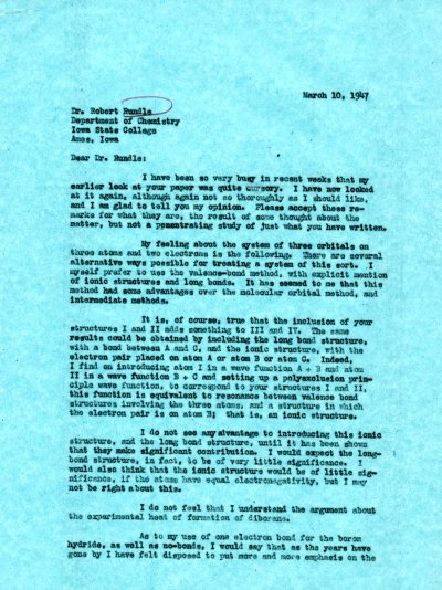 Letter from Linus Pauling to R.E. Rundle. Page 1. March 10, 1947