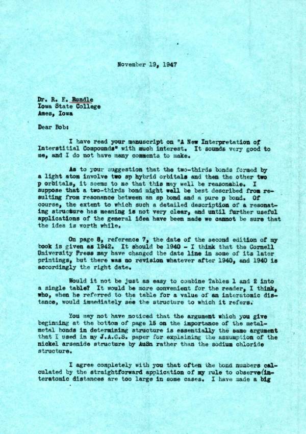 Letter from Linus Pauling to R.E. Rundle. Page 1. November 19, 1947