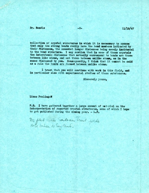 Letter from Linus Pauling to R.E. Rundle. Page 2. November 19, 1947