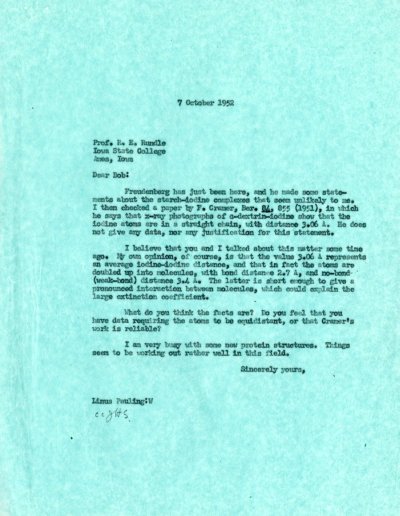 Letter from Linus Pauling to R.E. Rundle. Page 1. October 7, 1952
