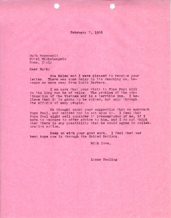 Letter from Linus Pauling to Ruth Rosenwald. Page 1. February 7, 1966