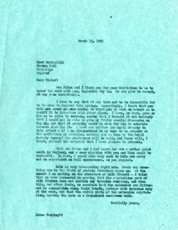 Letter from Linus Pauling to Victor Rothschild. Page 1. March 13, 1952