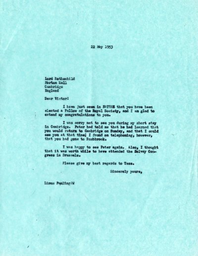 Letter from Linus Pauling to Victor Rothschild. Page 1. May 22, 1953