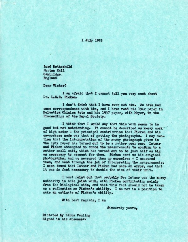 Letter from Linus Pauling to Victor Rothschild. Page 1. July 1, 1953