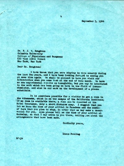 Letter from Linus Pauling to F. J. W. Roughton. Page 1. September 5, 1944