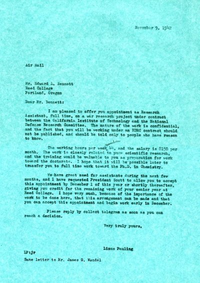 Letter from Linus Pauling to Edward L. Bennett. Page 1. November 9, 1942