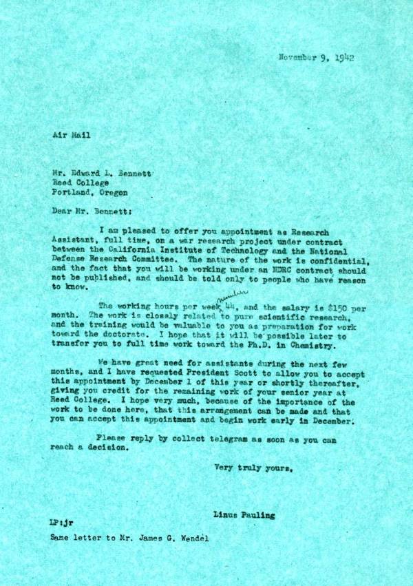 Letter from Linus Pauling to Edward L. Bennett. Page 1. November 9, 1942