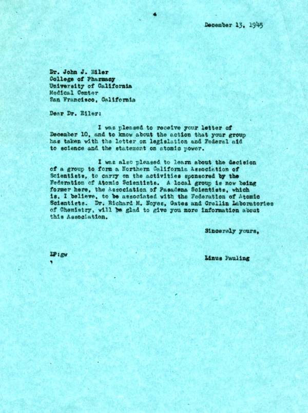 Letter from Linus Pauling to John Eiler. Page 1. December 13, 1945