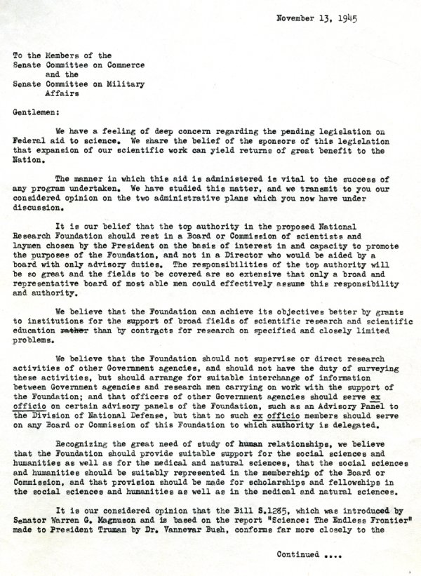 Letter from assorted scientists (including Linus Pauling) to Members of the Senate Committee on Commerce and the Senate Committee on Military Affairs. Page 1. November 13, 1945