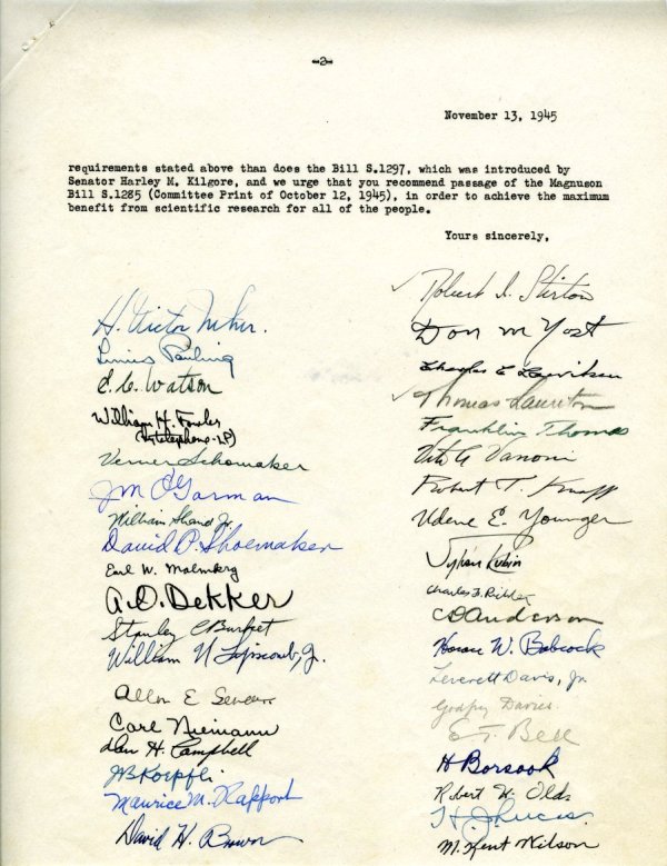 Letter from assorted scientists (including Linus Pauling) to Members of the Senate Committee on Commerce and the Senate Committee on Military Affairs. Page 2. November 13, 1945